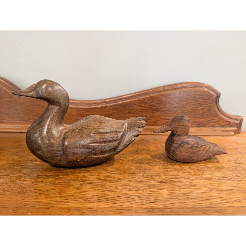 Pair Vintage Hand Carved Ironwood Duck Figurines Mexico Large Small Lake Decor